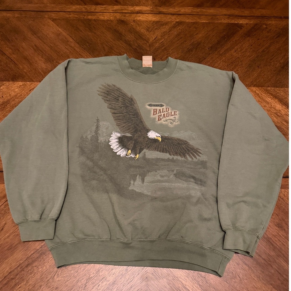 George Mens American Bald Eagle Graphic Sweatshirt Sage Green GM00560 Size M